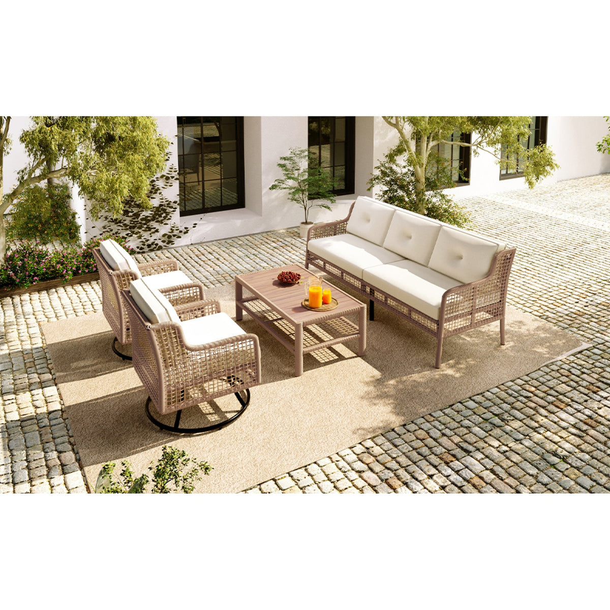 Roomfitters 4-Piece Patio Furniture Set with 360-Degree Swivel Rocking Chairs and Storage Coffee Table Beige Roomfitters