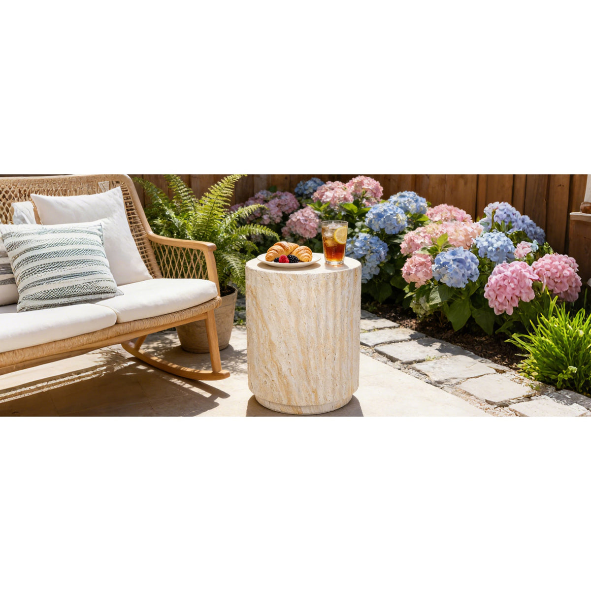 Roomfitters Modern Cylinder Wave Outdoor Side Table, Round Plant Stand, Beige MgO Patio End Table, Ripple Design Roomfitters