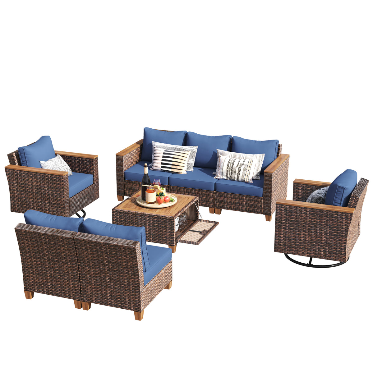 variant-group:rf-n707s005016e|Roomfitters 8-Piece Patio Furniture Set with 360 Swivel Rocker Chairs, Modular Outdoor Sectional Sofa & Table, Blue+Brown