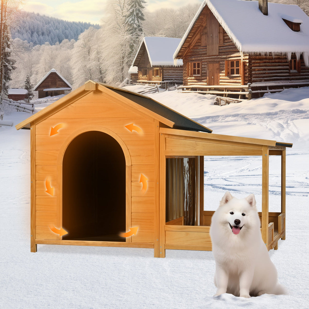 Roomfitters 60-Inch Large Outdoor Dog House with Removable Insulated Liner Weatherproof Porch and Asphalt Roof Natural Roomfitters