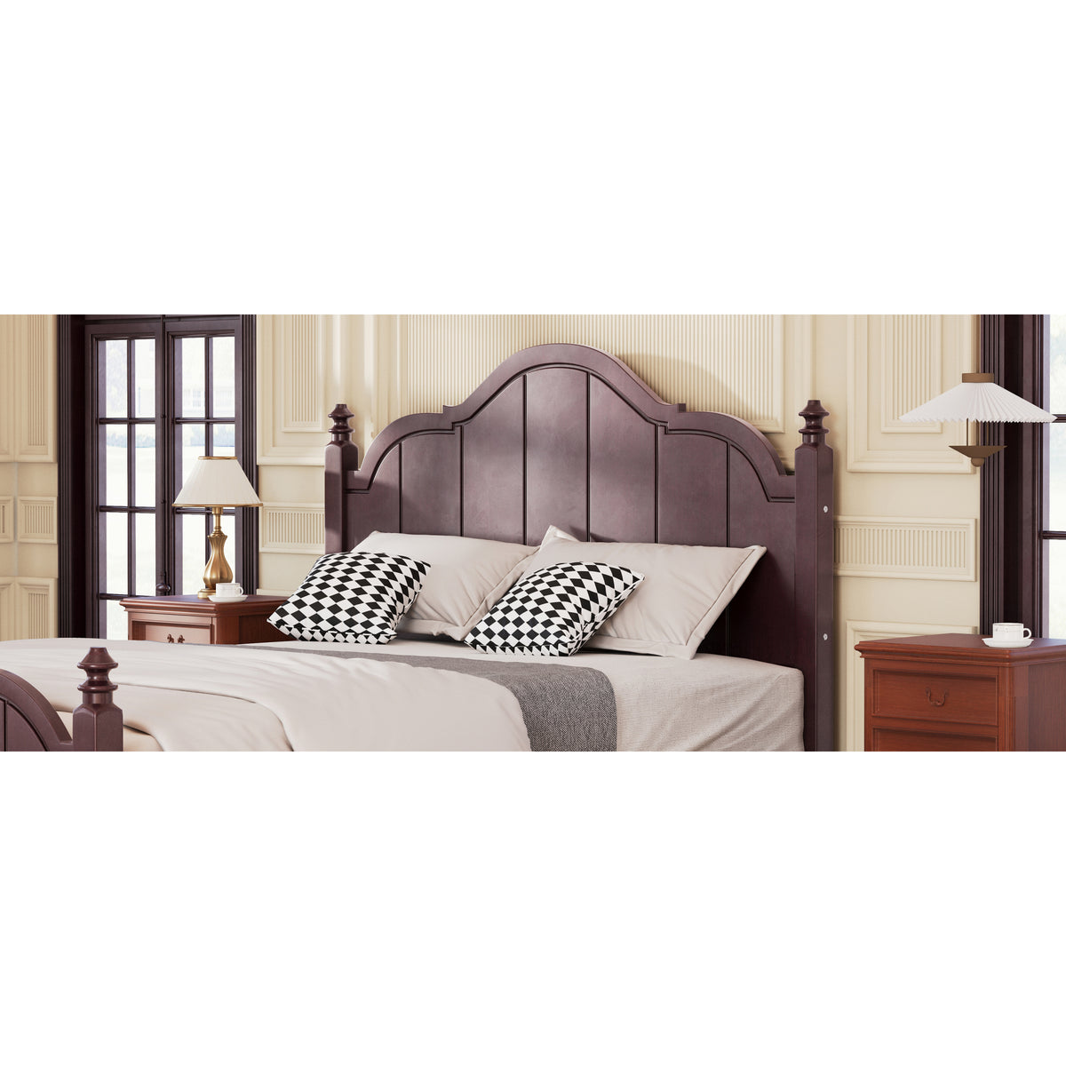 variant-group:rf-n733p360940p|Roomfitters Queen Wood Platform Bed Frame with Curved Headboard, Vintage Style Slat Support, No Box Spring Required, Espresso