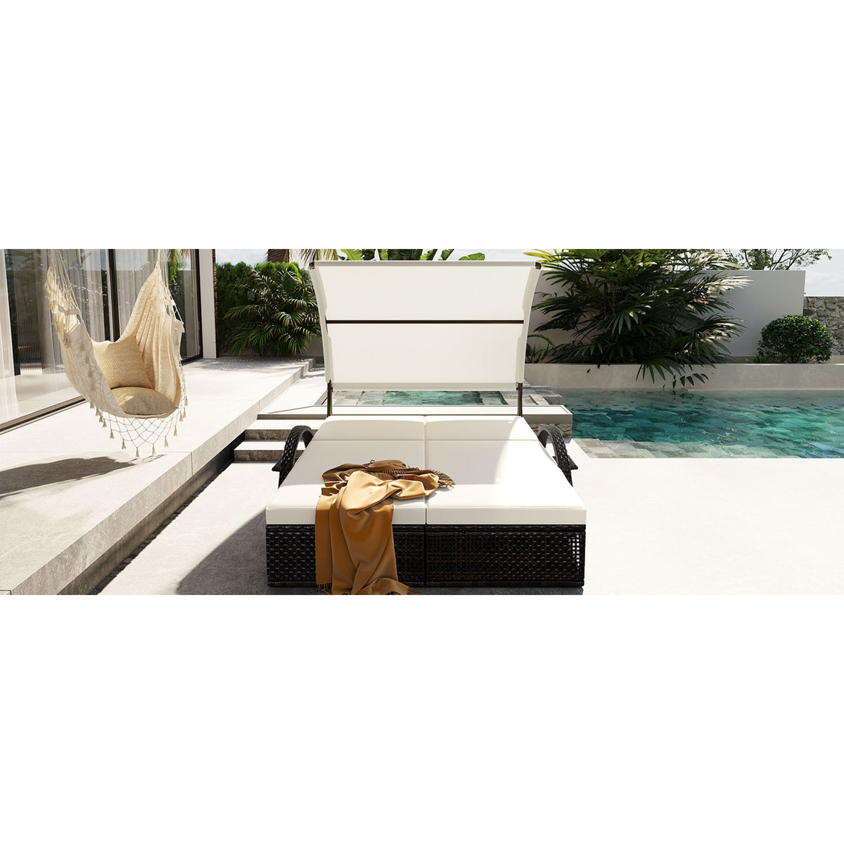 variant-group:rf-n711wy000485aaa|Roomfitters Beige HDPE Wicker Outdoor Double Sunbed, Steel Frame Patio Chaise, Hidden Side Tables, Canopy Shade