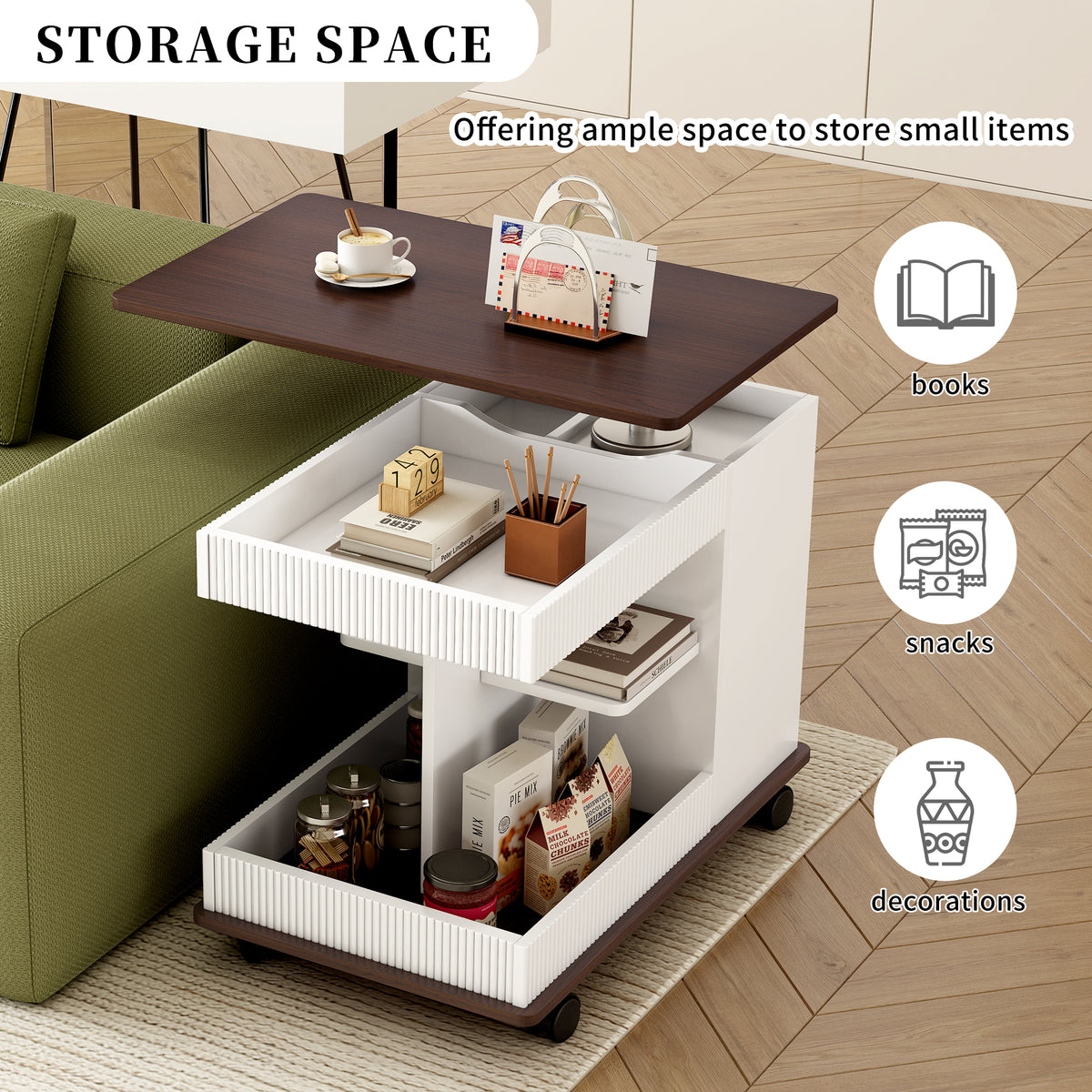 variant-group:rf-n724p292505k|Roomfitters Adjustable Sofa Side Table with Lift-Top, Rotating Surface and Storage on Wheels for Small Spaces, Brown