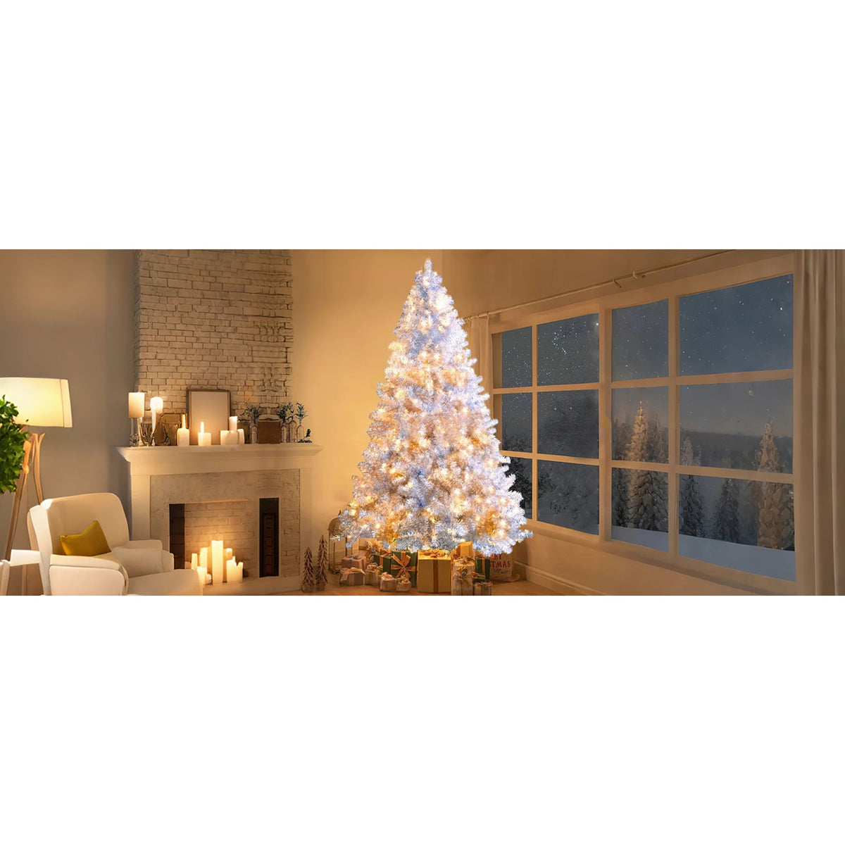 Roomfitters Pre-Lit Artificial Christmas Tree 7.4FT, Full Hinged Holiday Tree with Metal Stand, Warm Lights, 1200 Tips, Silver Roomfitters