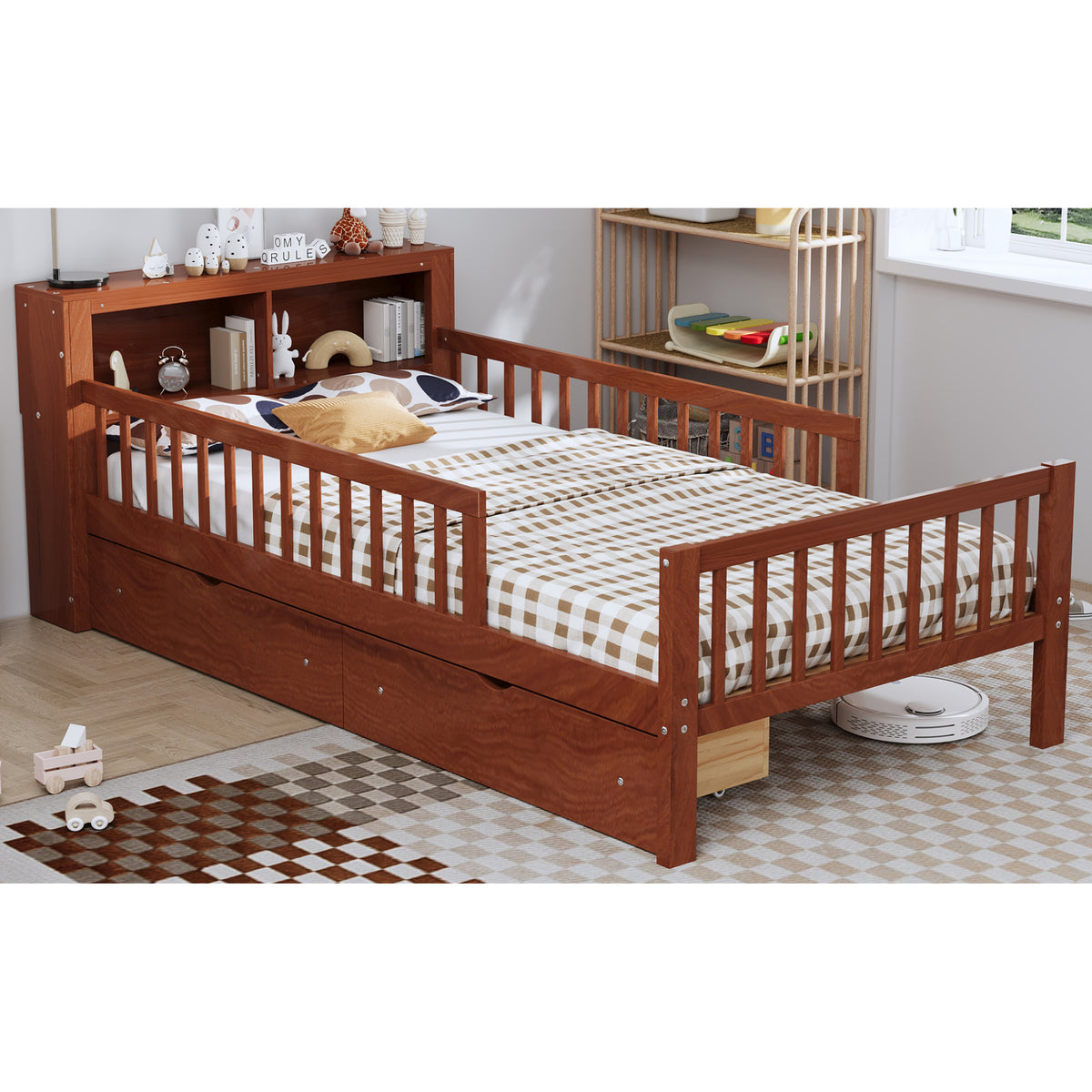 variant-group:rf-n733p272374d|Roomfitters Twin Bed with Headboard Storage Rack, Under-Bed Storage and Three-Side Guardrails, Walnut