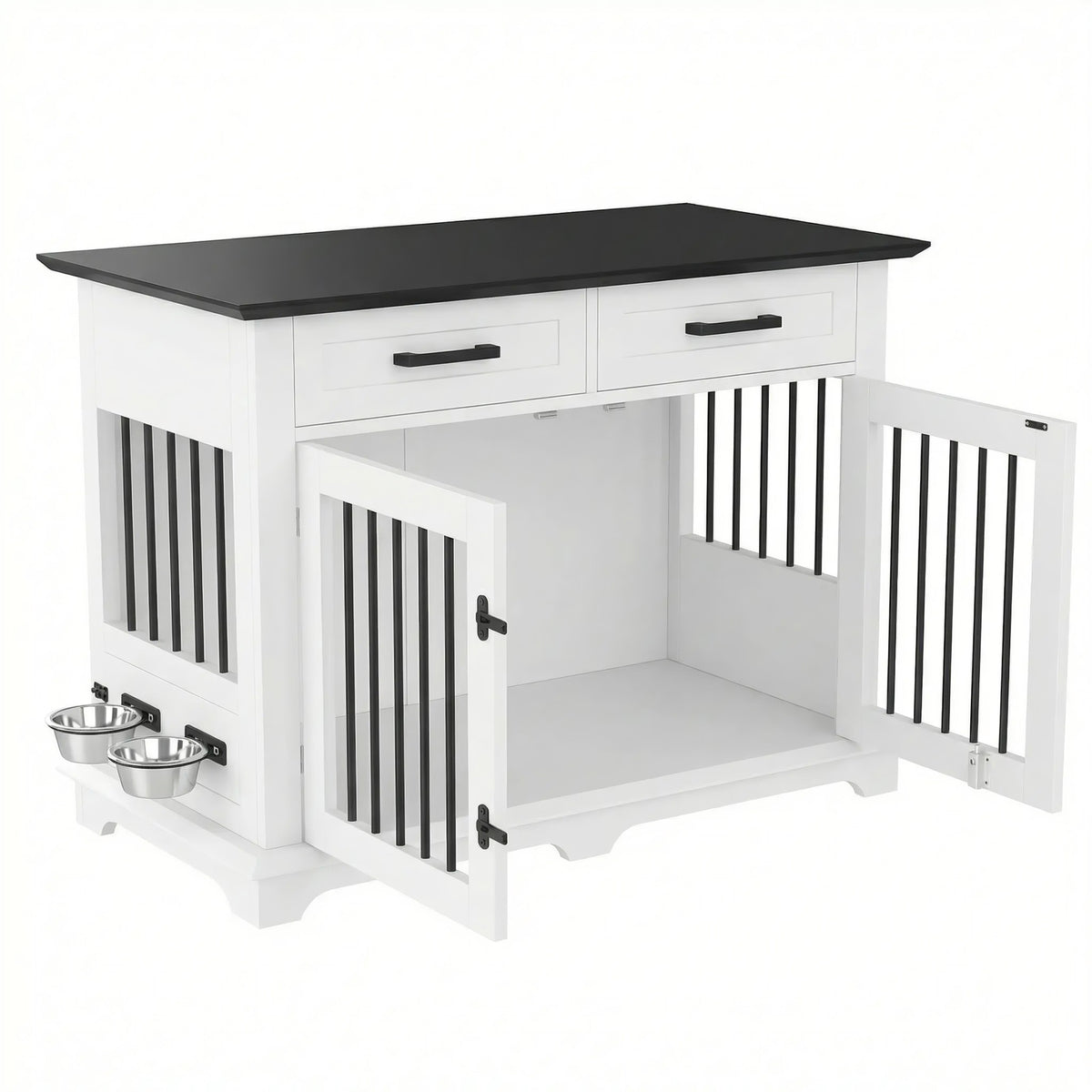 variant-group:rf-n704p379112k|Roomfitters 44-Inch Decorative Dog Crate Furniture Indoor Wooden Kennel End Table with 360 Rotating Bowls White and Black