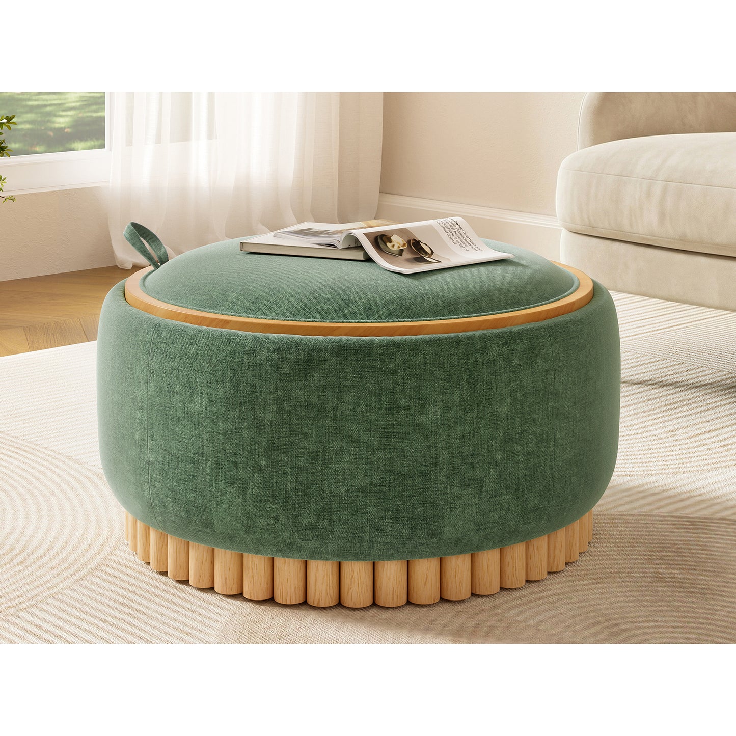 variant-group:rf-n723p405304g|Roomfitters 29 Inch Round Storage Ottoman with Reversible Wooden Tray Top, Upholstered Coffee Table for Living Room, Green