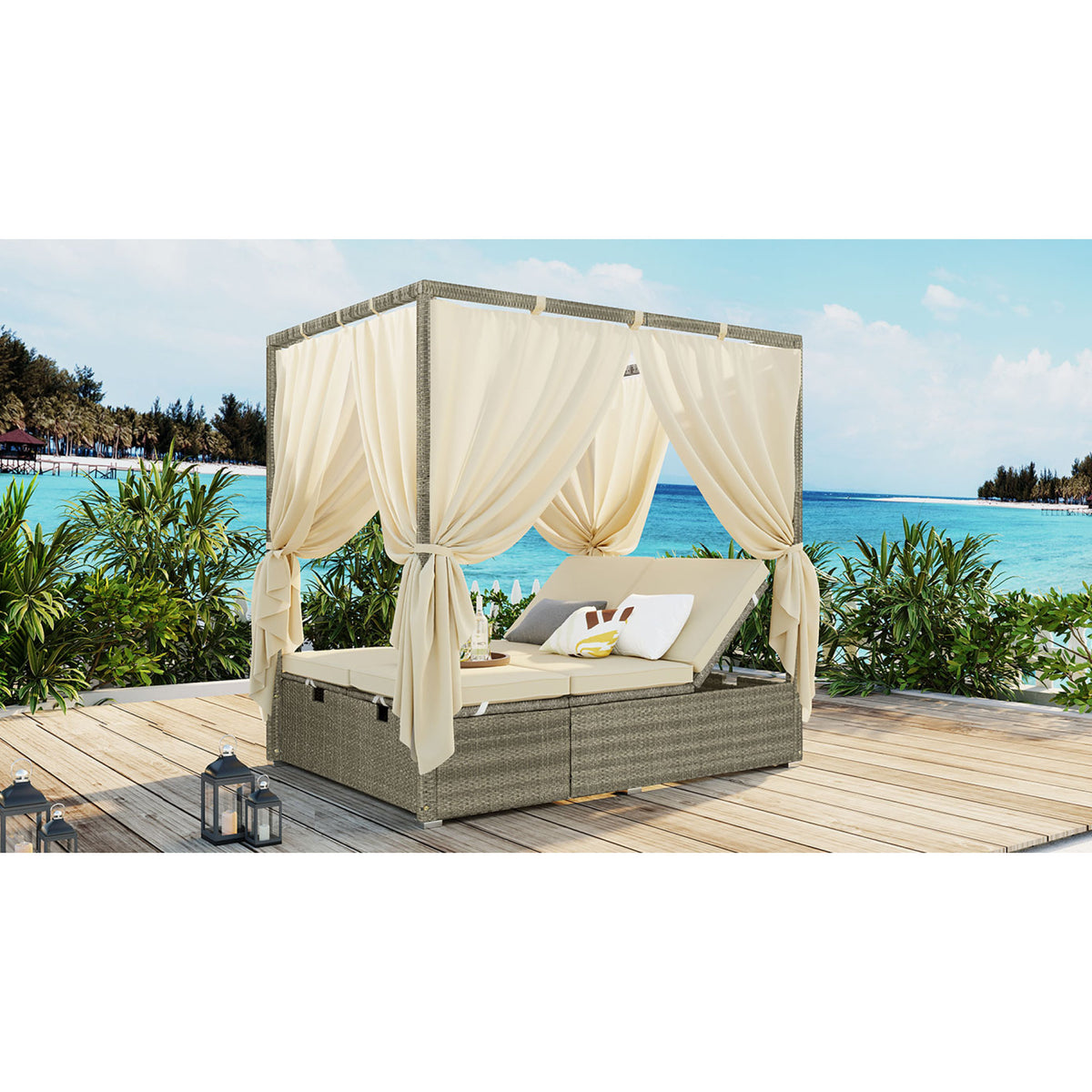 variant-group:rf-n711wy000437aaa|Roomfitters Outdoor Canopy Daybed with Cushions, Hidden Storage, Adjustable Lounge Chair, Retractable Canopy, for Patios, Beige