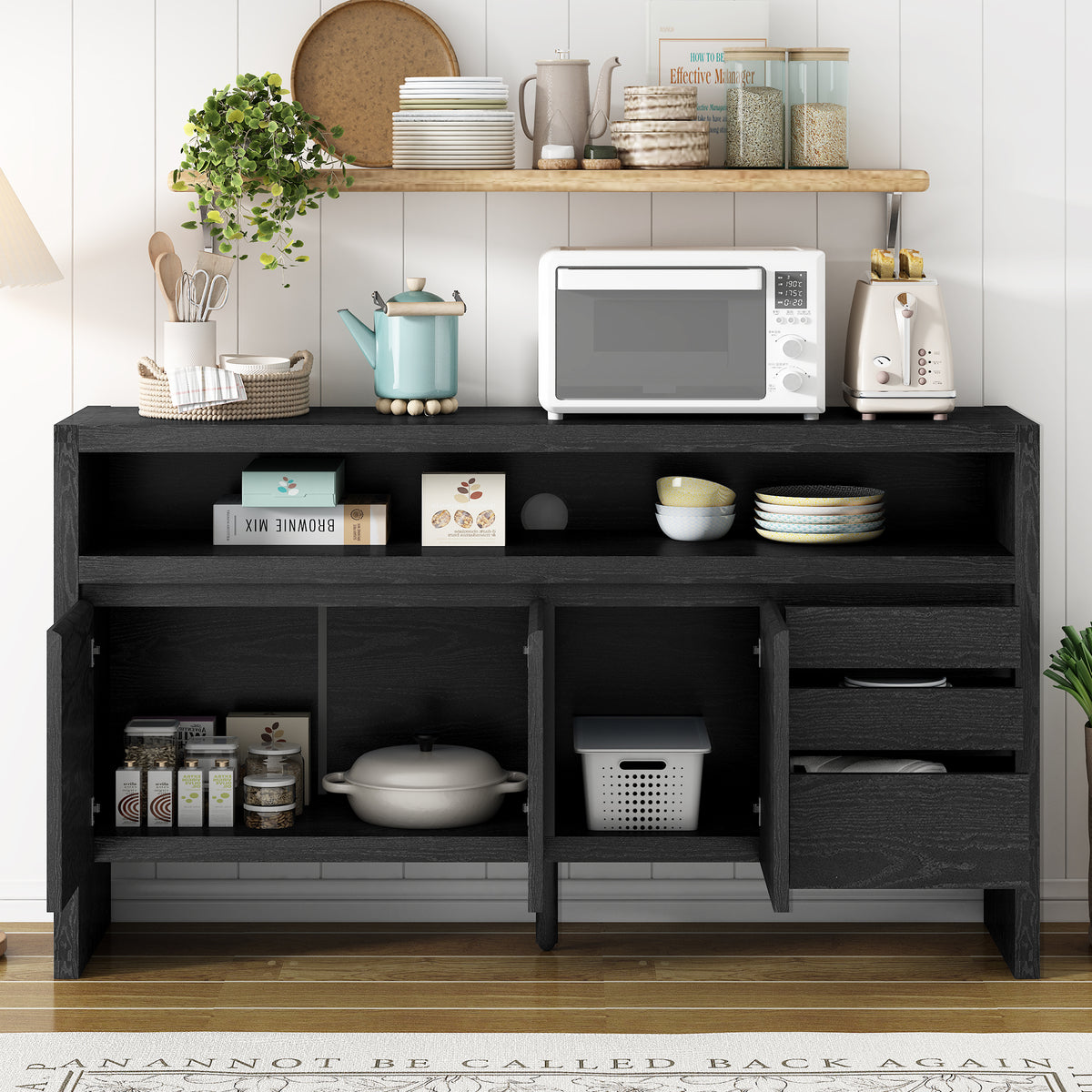 variant-group:rf-n711p289141b|Roomfitters 60" Modern Solid Wood Veneer Sideboard with 3 Doors & 3 Drawers, Open Shelf & Cable Cutout, Large Storage Cabinet for Dining, Hallway, Living Room, Black