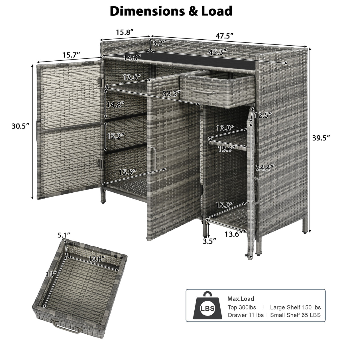 variant-group:rf-n707p233745g|Roomfitters 47.5" Wicker Outdoor Storage Cabinet, Rattan Bar Table with Glass Top, Adjustable Shelf, 3 Doors, Grey