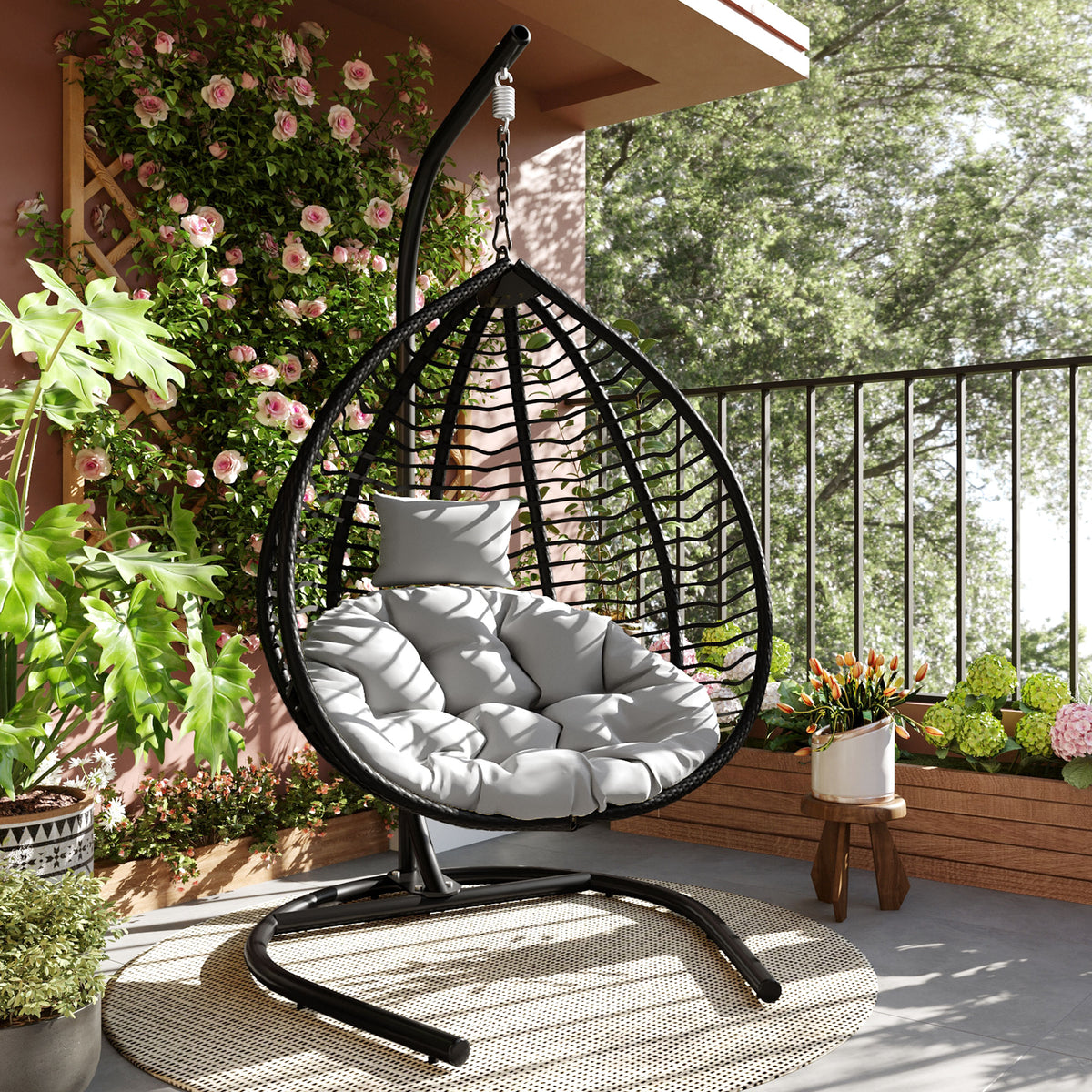 variant-group:rf-n711p389502e|Roomfitters Indoor Outdoor Hanging Egg Hammock Chair with Stand, Wicker Rattan Swing for Patio and Bedroom, Black+ Gray