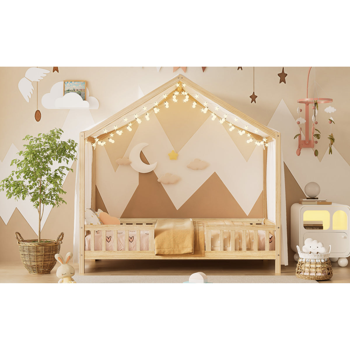 variant-group:rf-n733p356043m|Roomfitters Twin Montessori Floor Bed with Canopy, House Shape Wood Frame with Safety Rails, Youth Platform Bed, Natural
