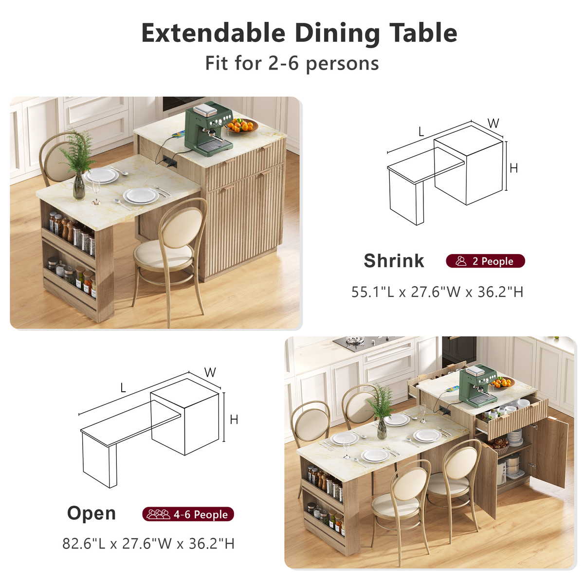 variant-group:rf-n707s000018y|Roomfitters 82.6" Fluted Kitchen Island with 51" Extendable Dining Table for 4-6, Power Outlet, Natural