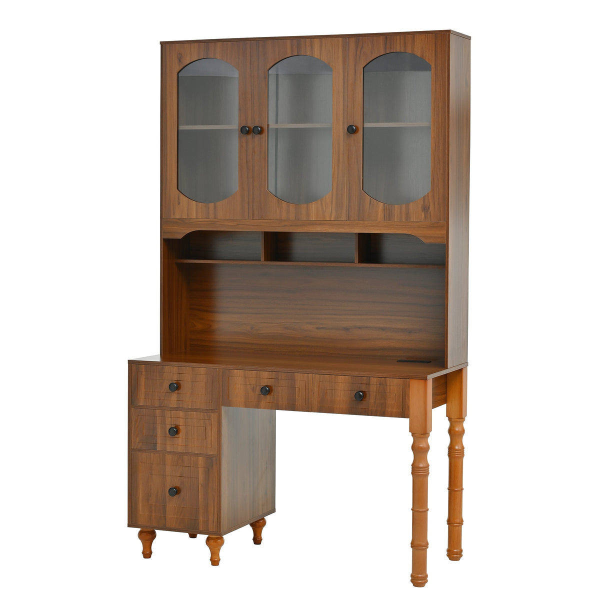 Roomfitters 47'' Retro Desk with Charging Ports and Hutch, Office Desk with 5 Storage Drawers and Glass Bookshelf, Walnut
