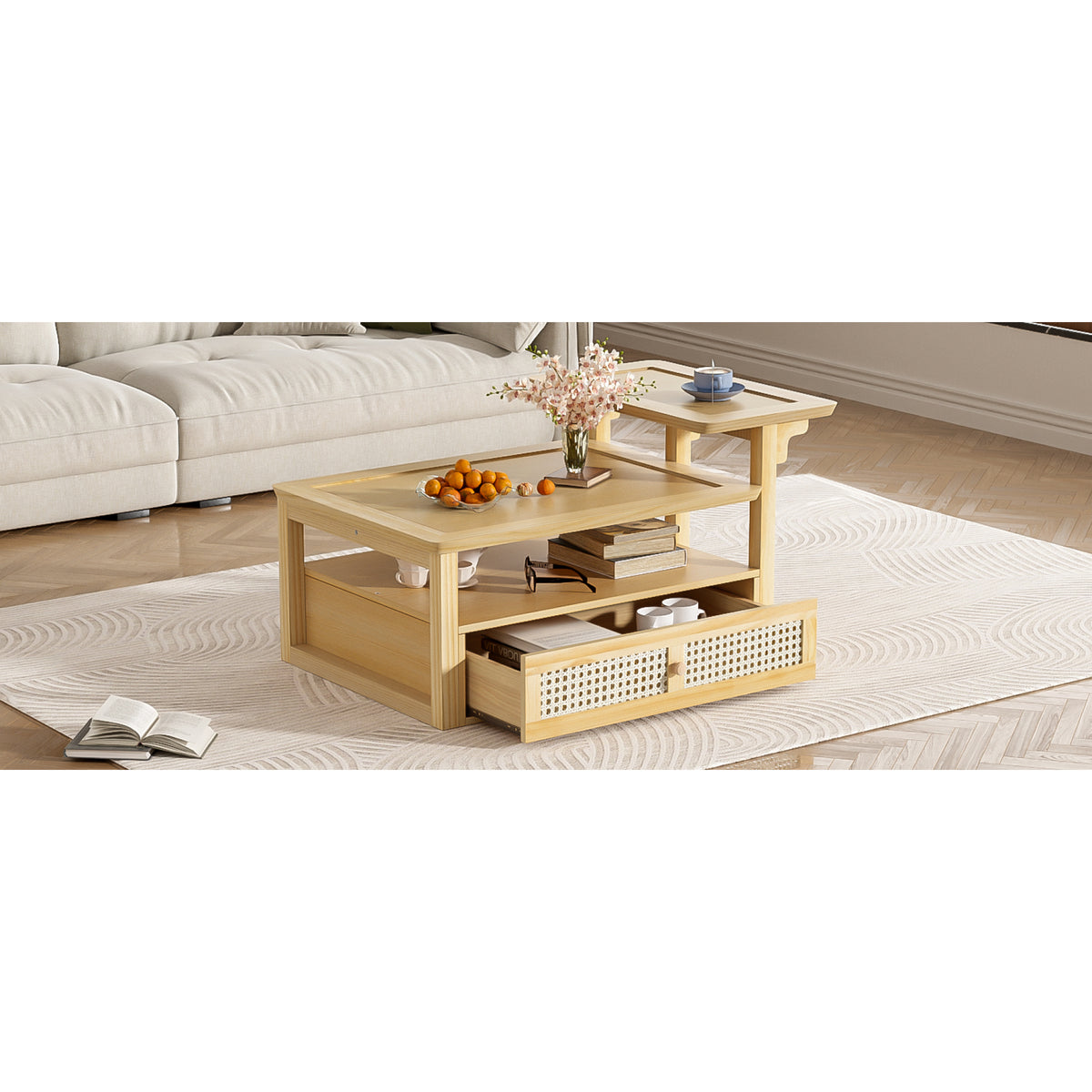 variant-group:rf-n724p232190n|Roomfitters Modern Coffee Table with Open Shelf, Dual Tabletops and Rattan Accent Storage, Natural