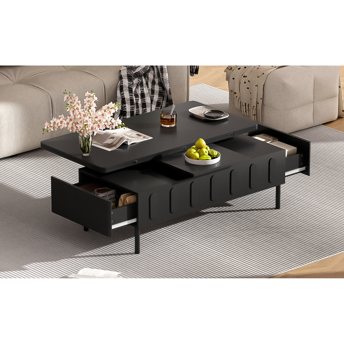 variant-group:rf-n724p292514b|Roomfitters Lift-Top Coffee Table with 2 Drawers and Foldable Top, Hidden Storage Compartment, Adjustable Center Table, Black