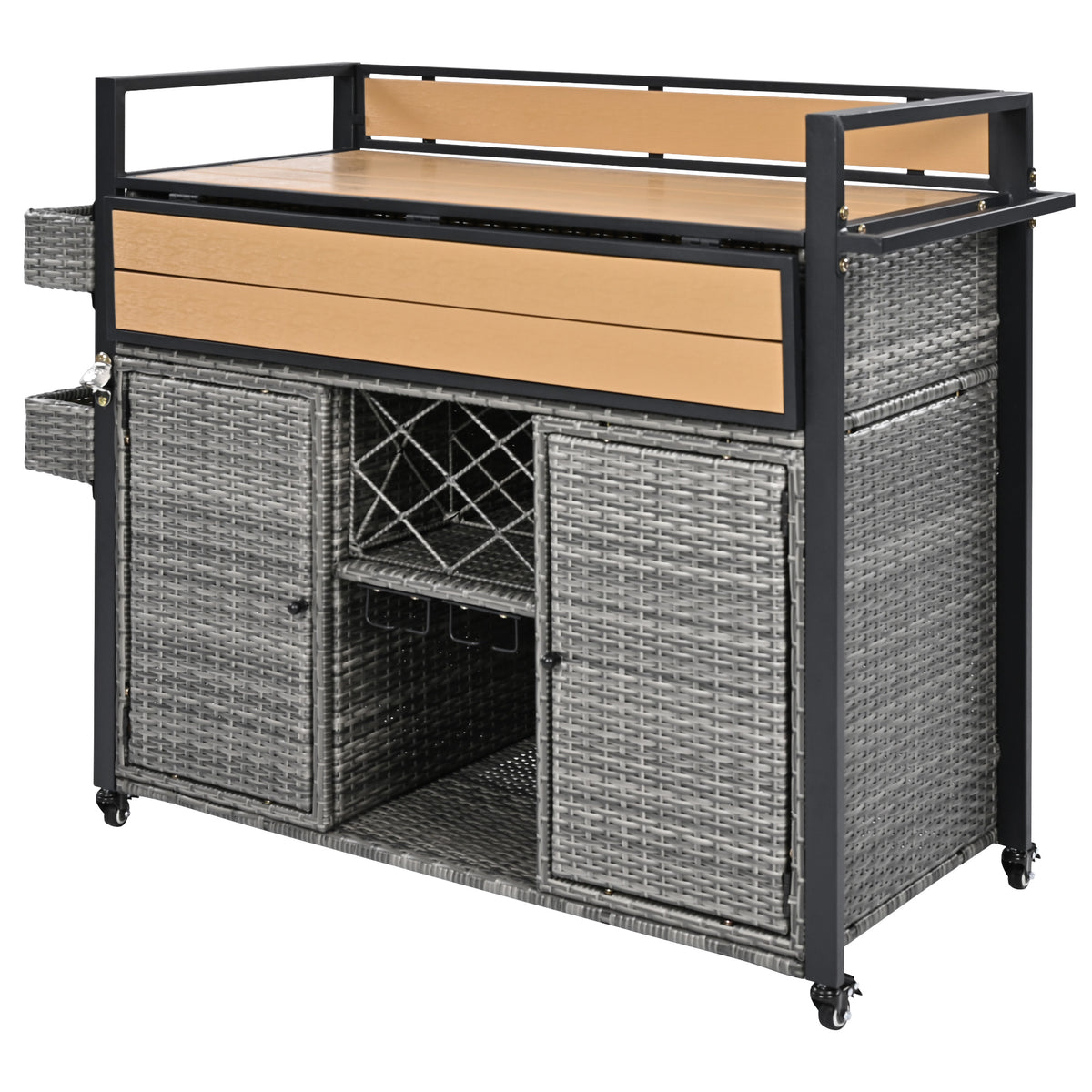 variant-group:rf-n707p233747g|Roomfitters 52.8" Wicker Outdoor Grill Cart with Plastic Wood Table, Rolling Island with Storage Cabinet, Double Handles, Grey