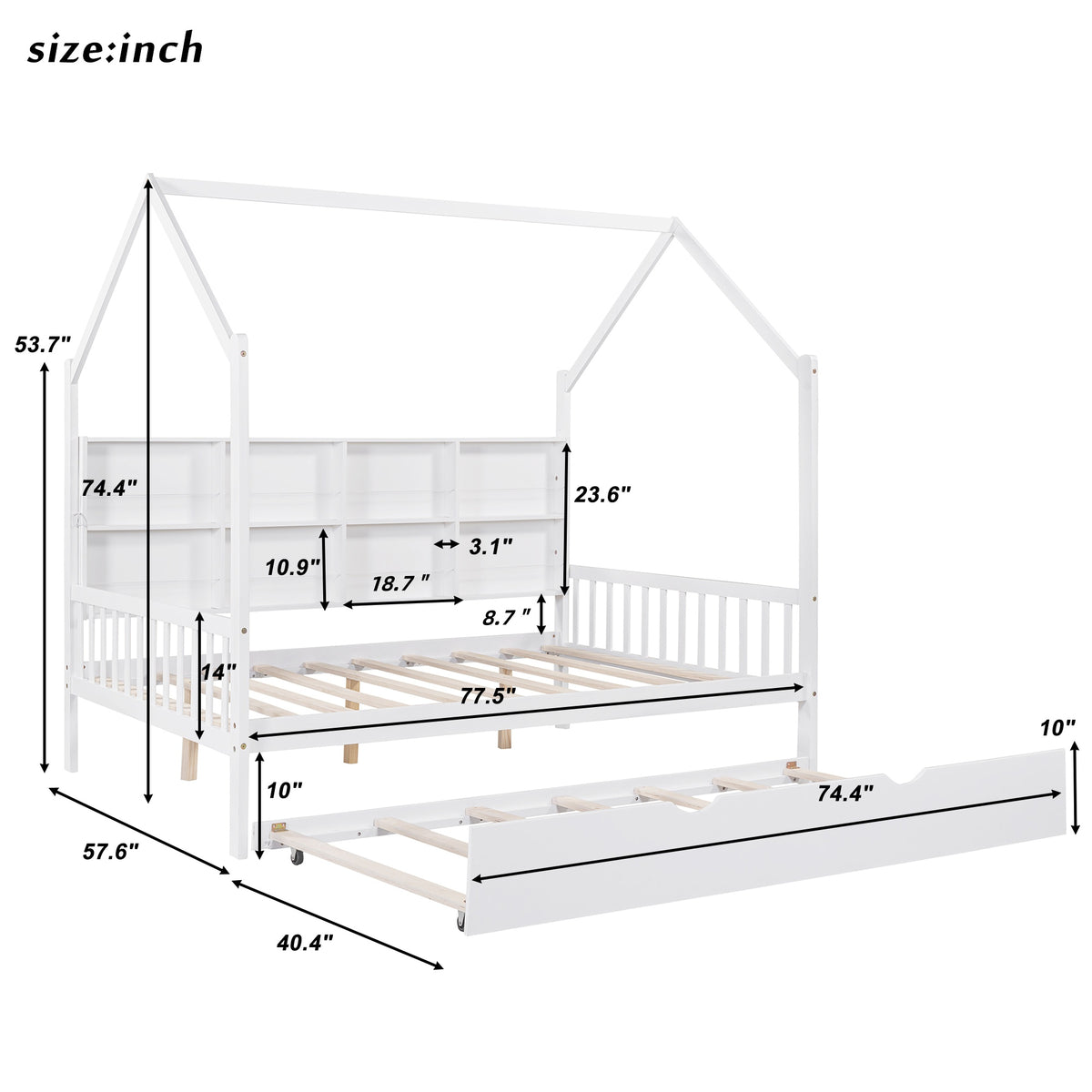 variant-group:rf-n733p326490k|Roomfitters Wooden Full Size House Bed with Trundle and Storage Shelf, White
