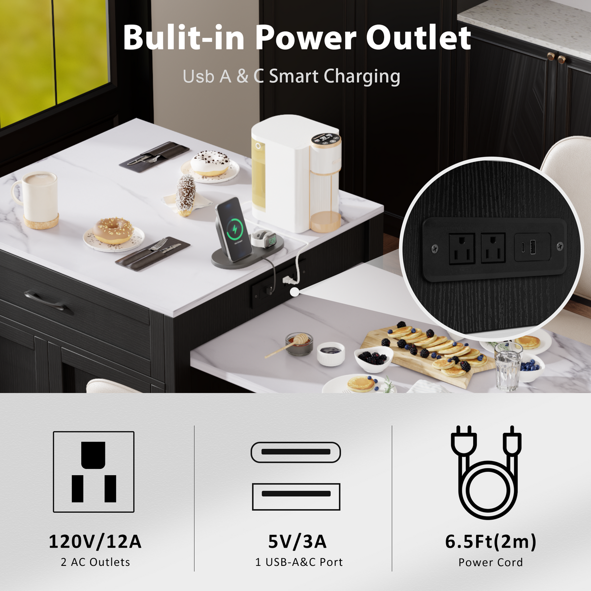 variant-group:rf-n707s000010b|Roomfitters 82.7" Kitchen Island with Extendable Table, Faux Marble Top, Double Storage, Power Outlet, Black