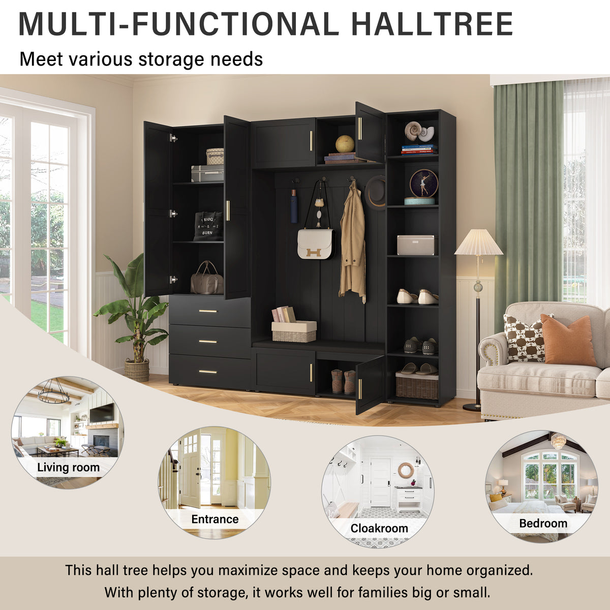 variant-group:rf-n724sj000167aab|Roomfitters American Style Extra-Wide Hall Tree with Padded Cushion Seat, Antique Black
