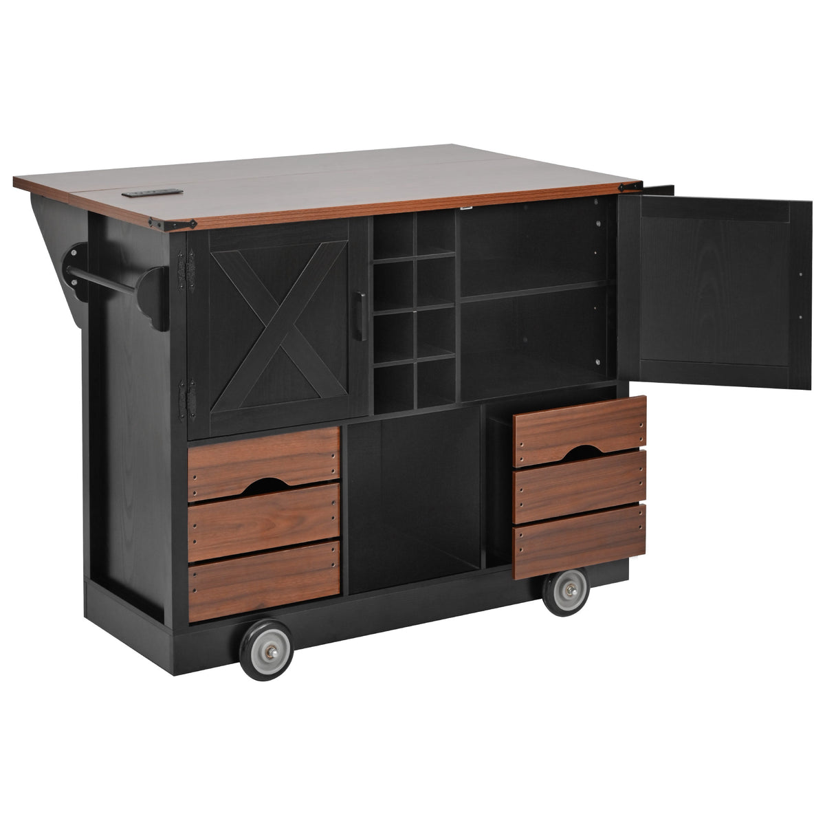 variant-group:rf-n707p349814b|Roomfitters 54" Farmhouse Kitchen Island with Drop Leaf, Power Outlet, Wine Rack, 2 Drawers, 2 Doors, Black