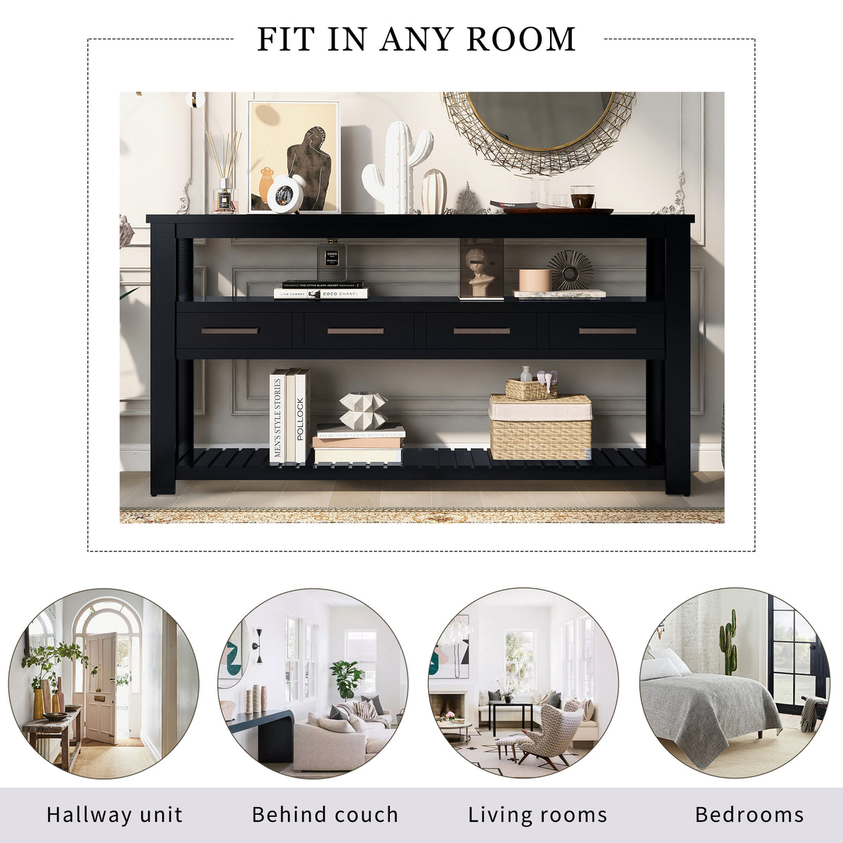 variant-group:rf-n711p410406b|Roomfitters 61.5" Entryway Table with 4 Drawers, 3-Tier Console Sofa Table with Open Shelves for Hallway, Black