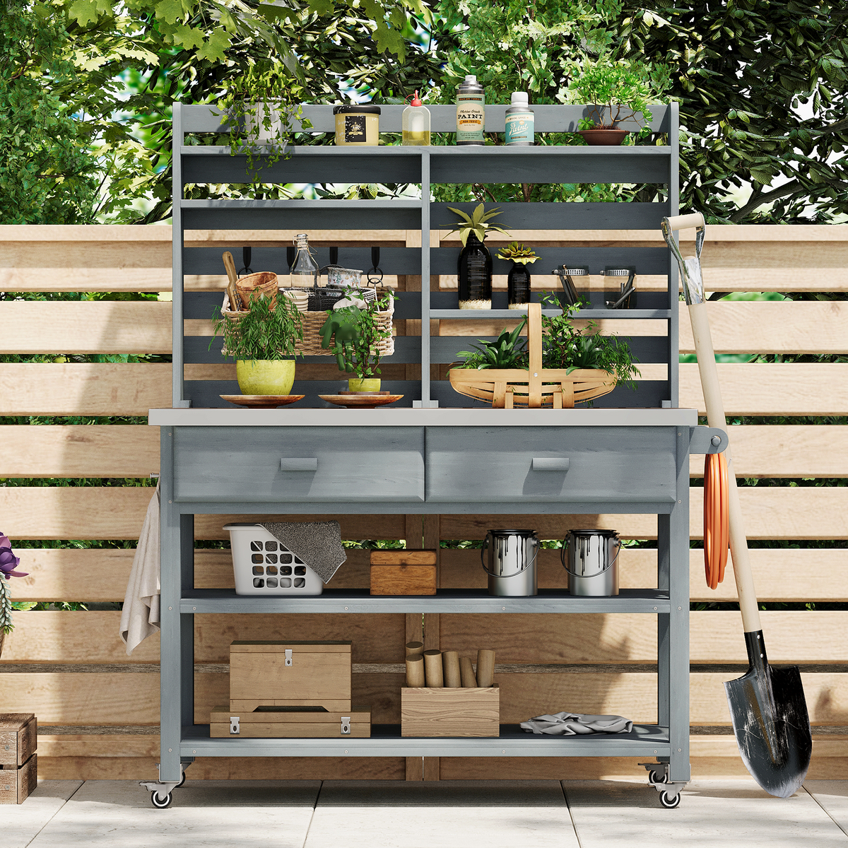 variant-group:rf-n707p228274g|Roomfitters 64.9" Outdoor Potting Bench Table, Rolling Kitchen Island with Hutch, Stainless Steel Top, Storage, Grey Blue