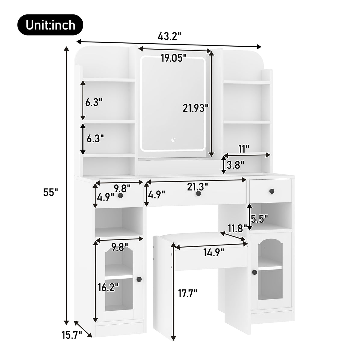 variant-group:rf-n704p407114k|Roomfitters 43.2" Makeup Vanity Desk with LED Lighted Mirror, Glass Door Cabinets, Charging Station and Stool, White