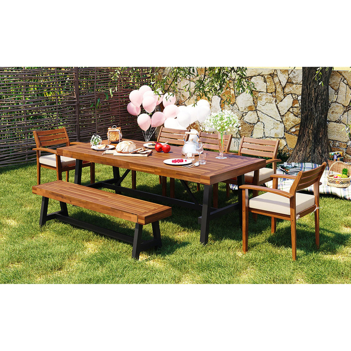 Roomfitters Outdoor Wood Dining Set for 7-8 Person, Outdoor Dining Furniture with Removable Cushions, Ergonomic Chairs and Bench, Thicker Table, Wood Tone Roomfitters