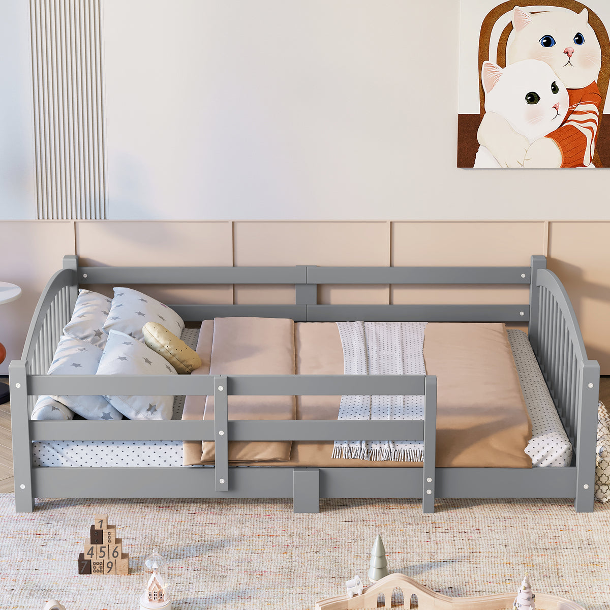 variant-group:rf-n733p400299e|Roomfitters Full Montessori Floor Bed with Guardrails, Solid Wood Low Platform Bed with Slats, Easy Assembly, Gray
