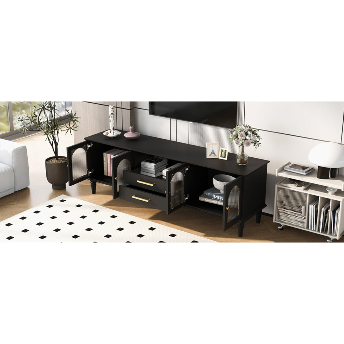 Roomfitters Retro TV Stand for up to 75 Inch TV, Fluted Glass Door Media Console with Five Wood Legs, Black Roomfitters