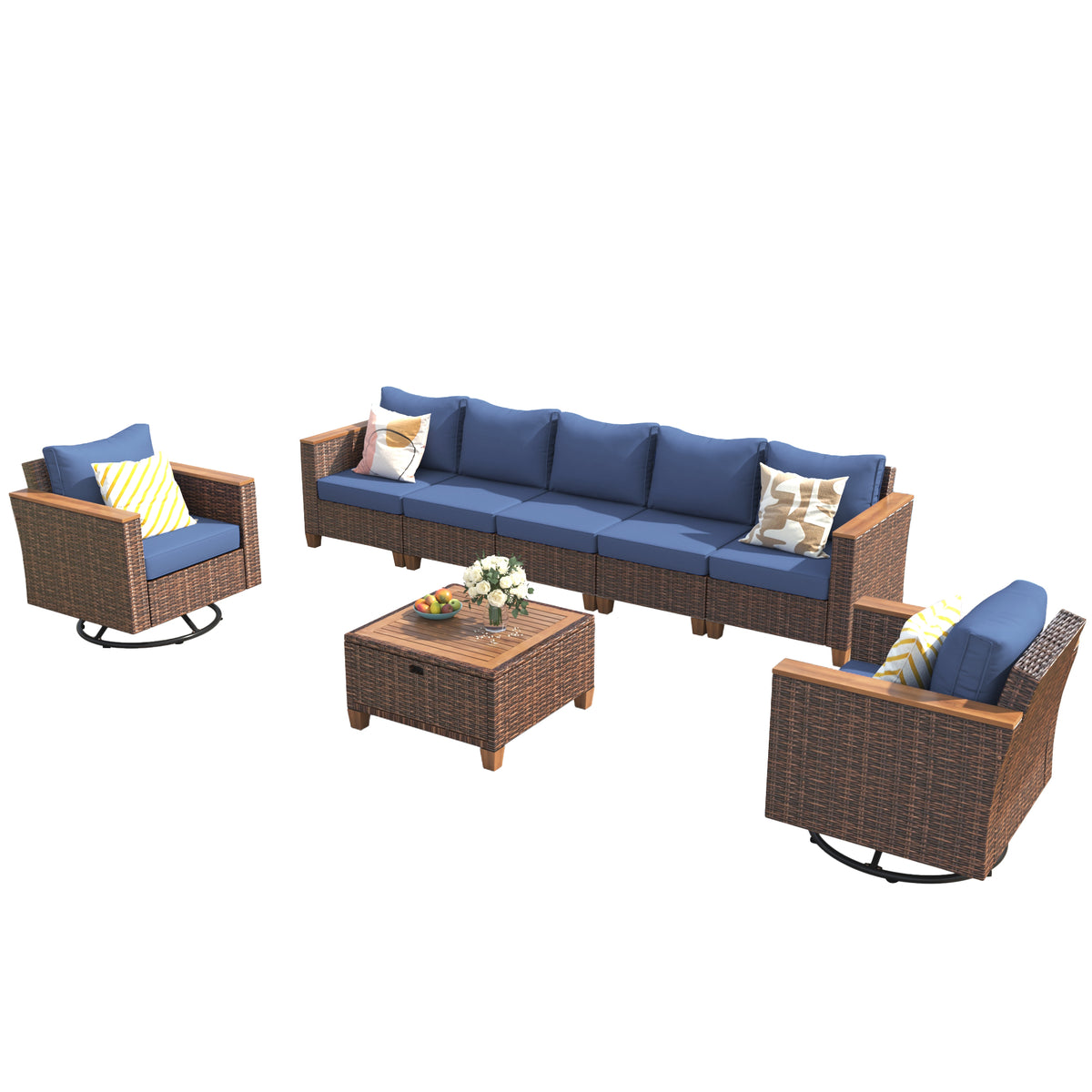 variant-group:rf-n707s005016e|Roomfitters 8-Piece Patio Furniture Set with 360 Swivel Rocker Chairs, Modular Outdoor Sectional Sofa & Table, Blue+Brown