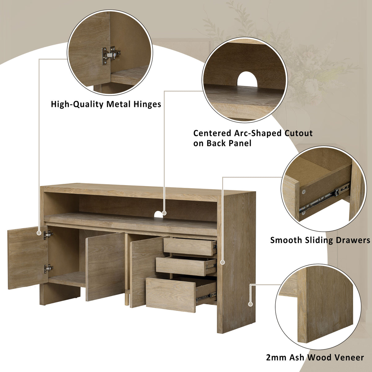 variant-group:rf-n711p289141o|Roomfitters 60" Modern Solid Wood Veneer Sideboard with 3 Doors & 3 Drawers, Open Shelf & Cable Cutout, Large Storage Cabinet for Dining, Hallway, Living Room, Natural