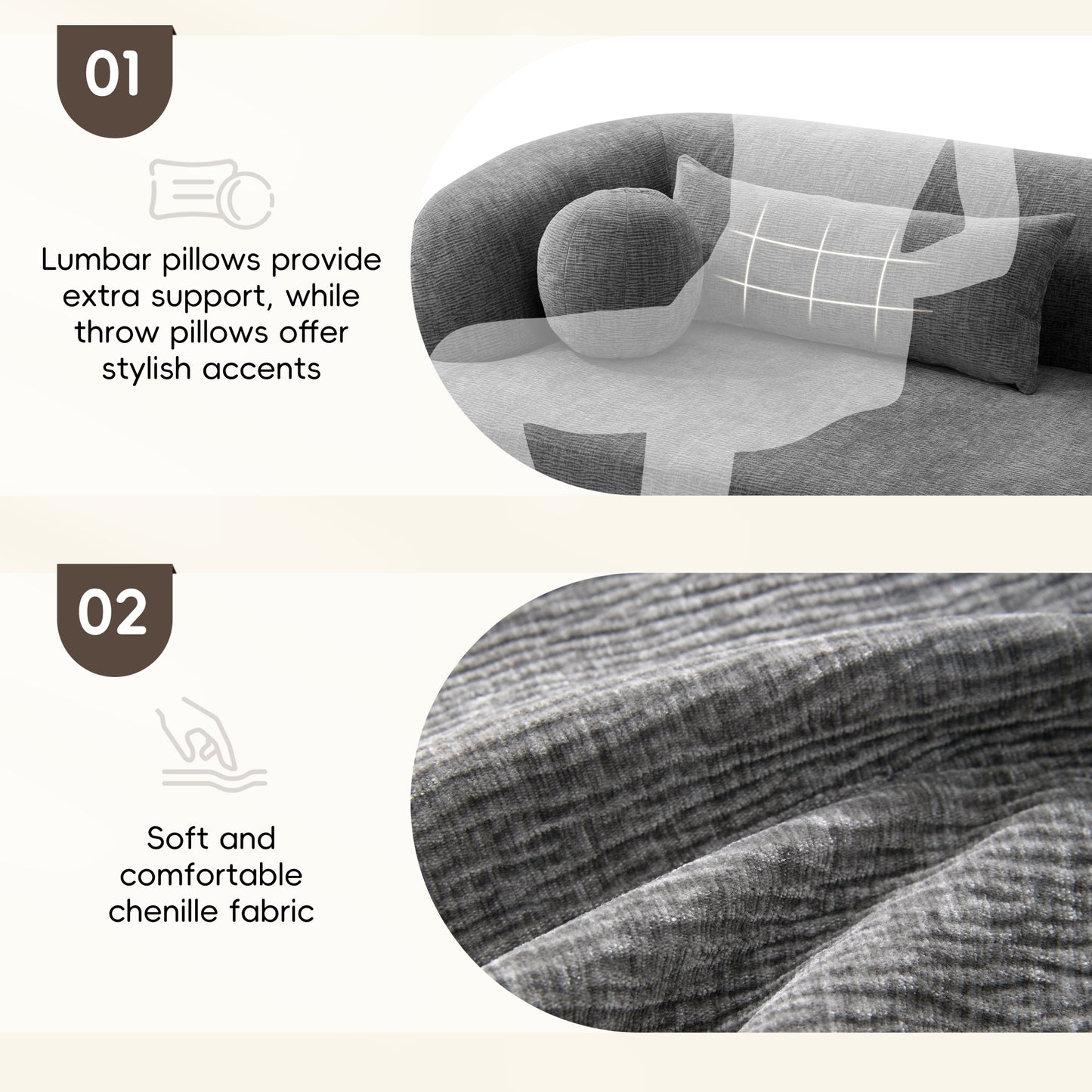 variant-group:rf-n723p404465e|Roomfitters 86 Inch Modern Curvy Sofa, 3-Seater Rounded Upholstered Couch with Plush Throw Pillows for Living Room, Gray