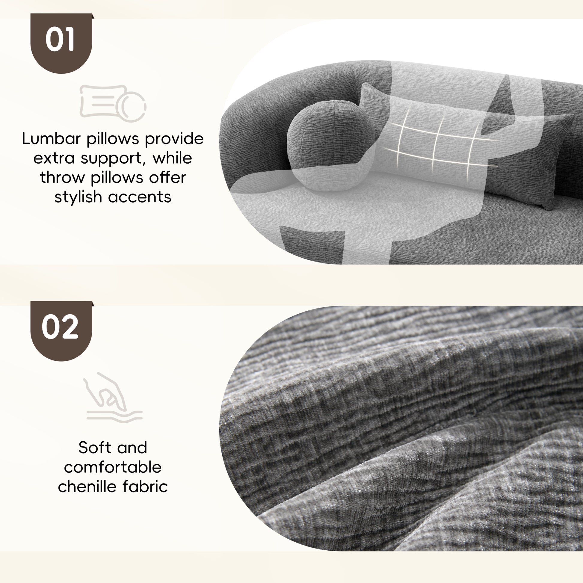variant-group:rf-n723p404465e|Roomfitters 86 Inch Modern Curvy Sofa, 3-Seater Rounded Upholstered Couch with Plush Throw Pillows for Living Room, Gray