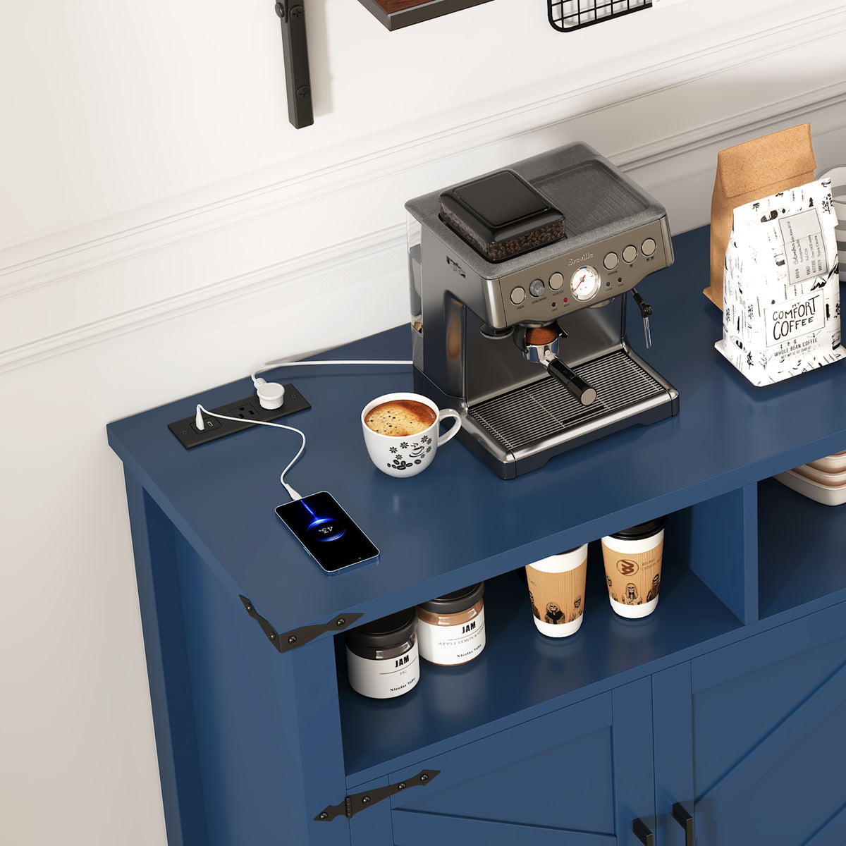 variant-group:rf-n711p347407v|Roomfitters 59" Sideboard Buffet Cabinet with 4 Door & Open Storage, Modern Farmhouse Industrial Coffee Bar Station, Navy Blue