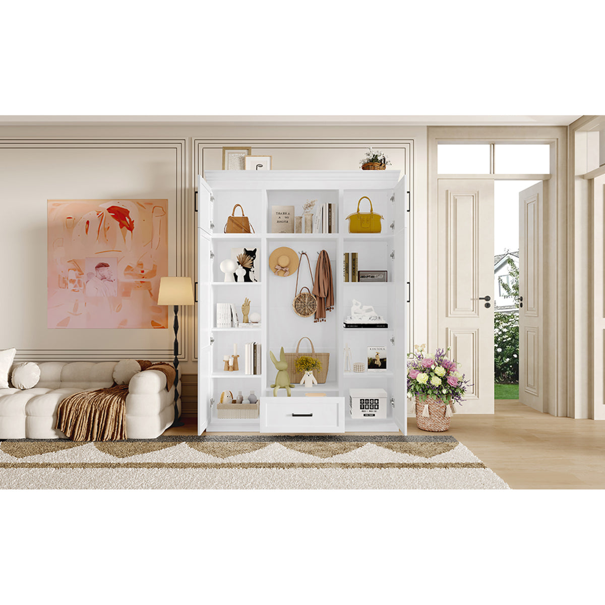 variant-group:rf-n724sj000140aak|Roomfitters 85.2" Hall Tree with Bench, 3 Hooks, 4 Doors, 1 Drawer and Adjustable Storage Shelves, White