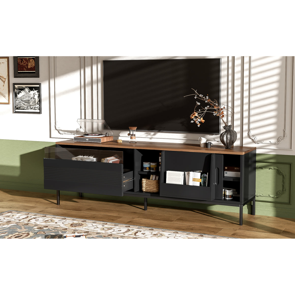 variant-group:rf-n724p360370b|Roomfitters Mid-Century Modern 70" TV Stand Console with Sliding Doors, Black
