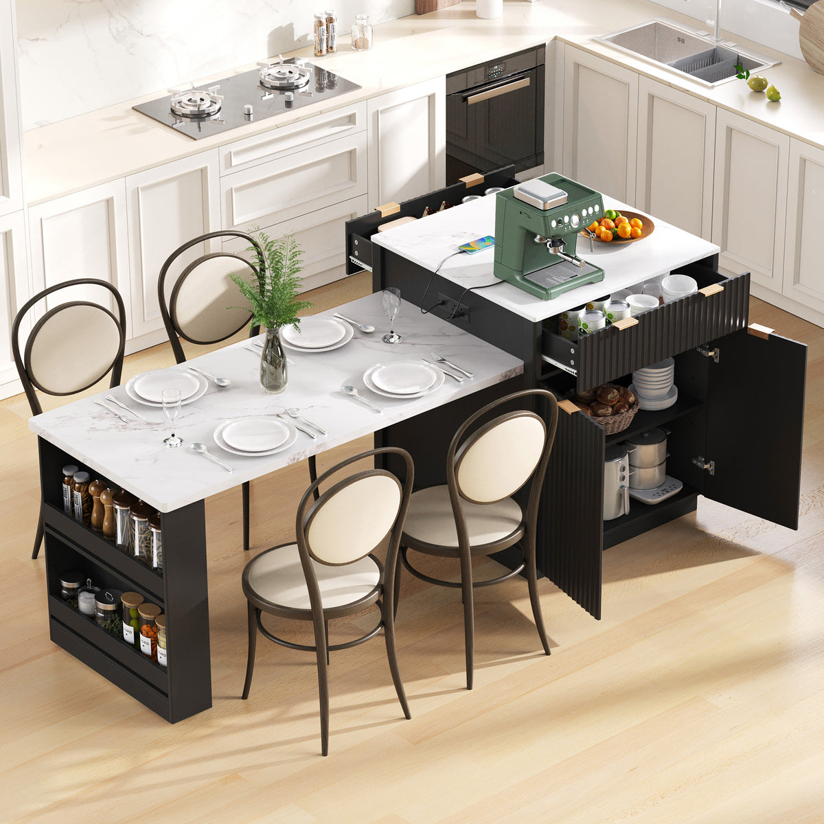 variant-group:rf-n707s000018b|Roomfitters 82.6" Fluted Kitchen Island with 51" Extendable Dining Table for 4-6, Power Outlet, Black
