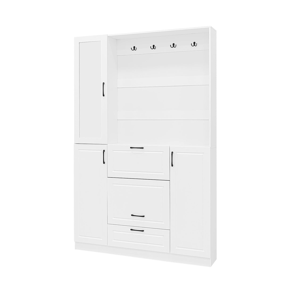 Roomfitters Entryway Bench with Shoe Cabinet and Mirror Door, Foldable Seat and 4 Hooks, White Roomfitters