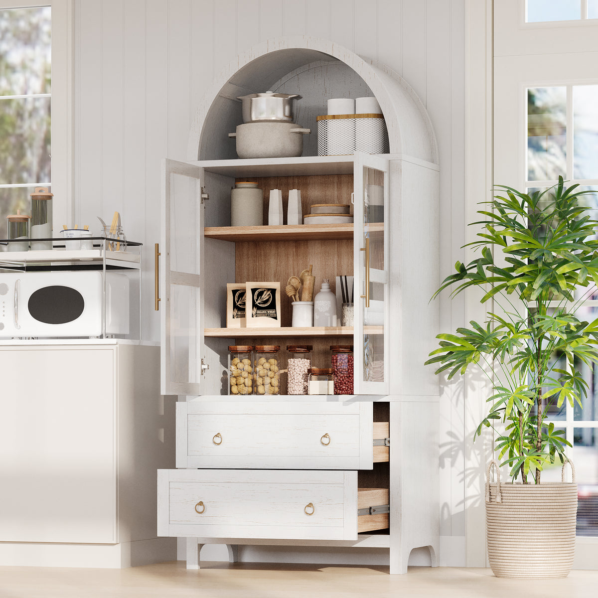 variant-group:rf-n707p288972w|Roomfitters 71" Pantry Cabinet with Arched Top and Glass Doors, 2 Storage Drawers and Adjustable Shelves for Kitchen, White