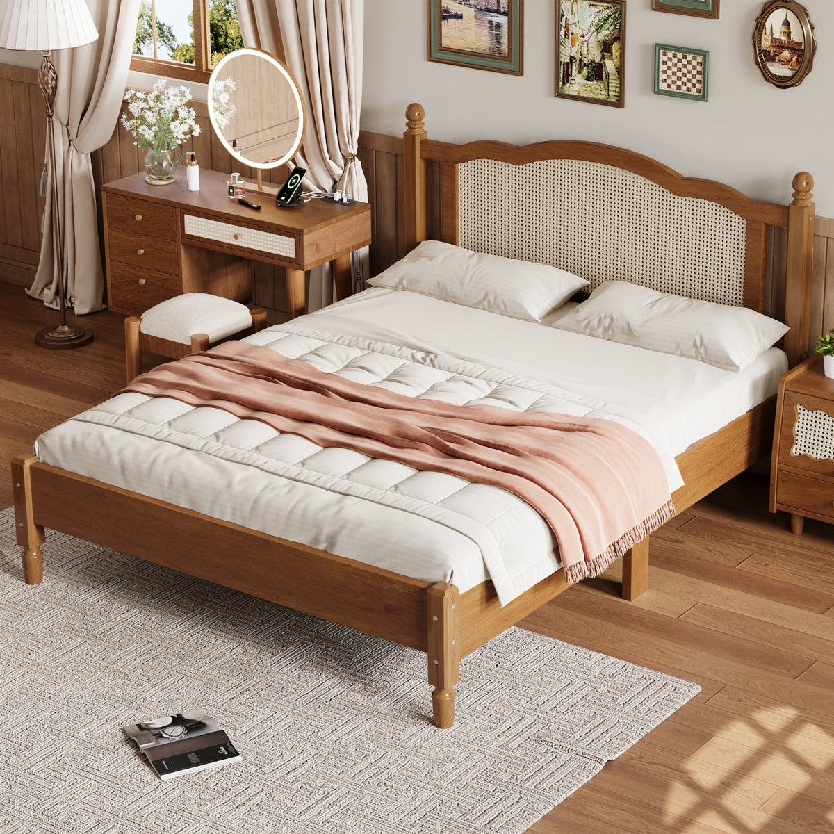 variant-group:rf-n733p180013d|Roomfitters Queen Size Wooden Platform Bed with Natural Rattan Headboard, Stylish Vintage Bed Frame with Durable Wooden Slat Support for a Sophisticated Look, Walnut