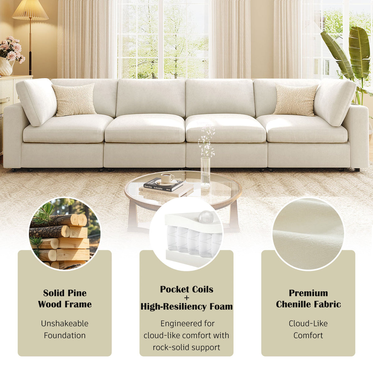 Roomfitters 133.5" Upholstered Modular Sectional Sofa with Storage Space and Built-in USB Charging for Living Room, Beige Roomfitters