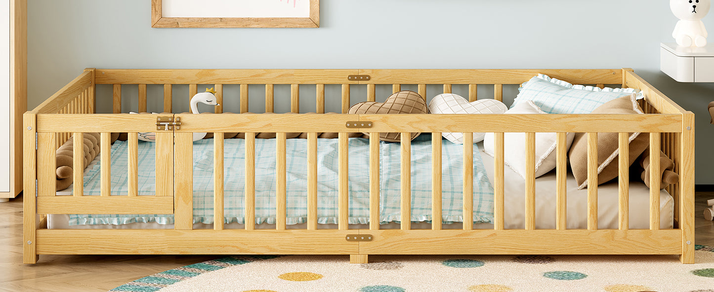variant-group:rf-w1580p338954|Roomfitters Wooden Queen Floor Bed Frame with Door & Safety Guardrails, Low Platform Design for Bedroom or Playroom, Natural