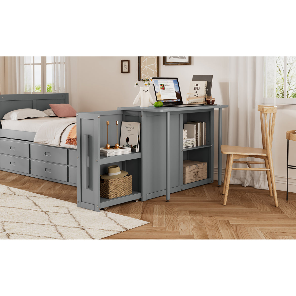variant-group:rf-n733s212832e|Roomfitters Twin Size Multifunctional Wood Platform Bed with Desk and Storage Shelf, Built-in Trundle and Storage, Grey