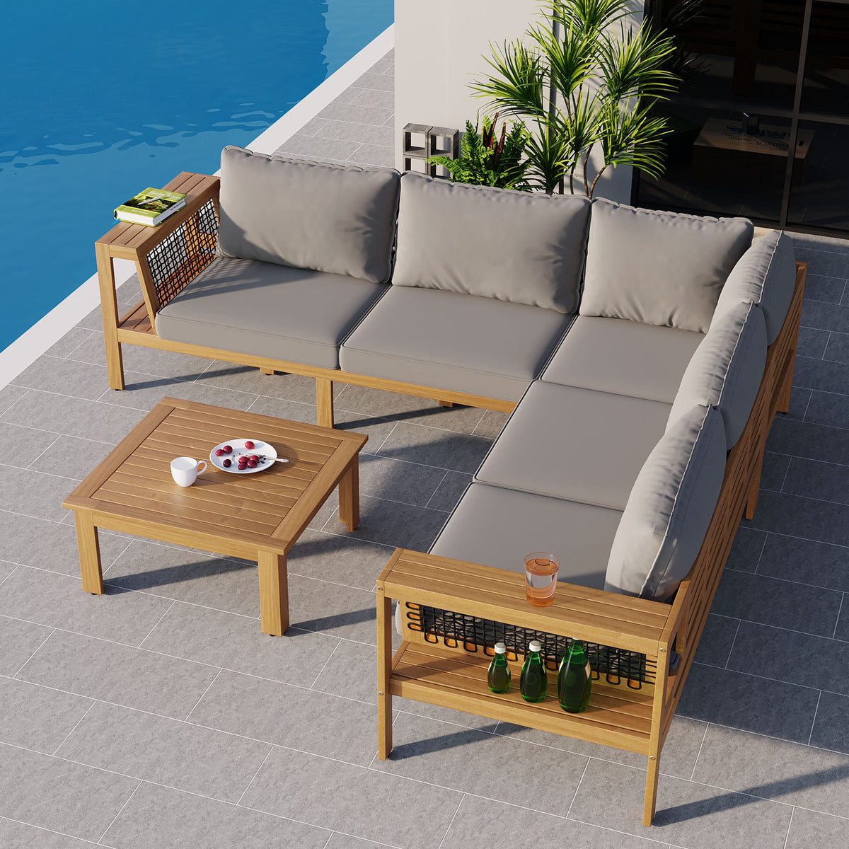 variant-group:rf-n704f201249e|Roomfitters 4-Piece Outdoor Sectional Sofa Set with Coffee Table and Built-in Side Shelves, Wood Frame, Gray+Natural
