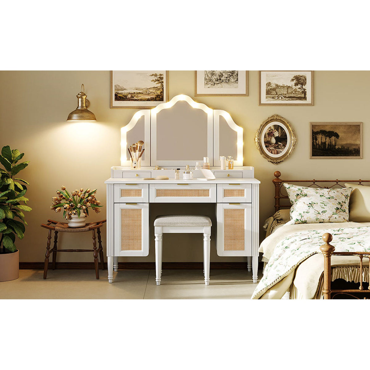 Roomfitters 44.37" Makeup Vanity with Lighted Tri-fold Mirror, French Vintage Rattan Dressing Table, Drawers and Stool, White Roomfitters
