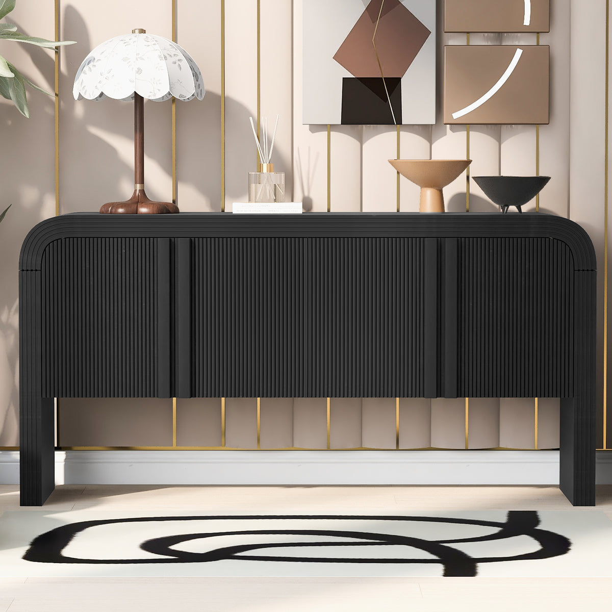 variant-group:rf-n711p415846b|Roomfitters Modern Rustic Black Curved Wave Pattern Console Table with Adjustable Storage Shelf and Elegant Wooden Handles