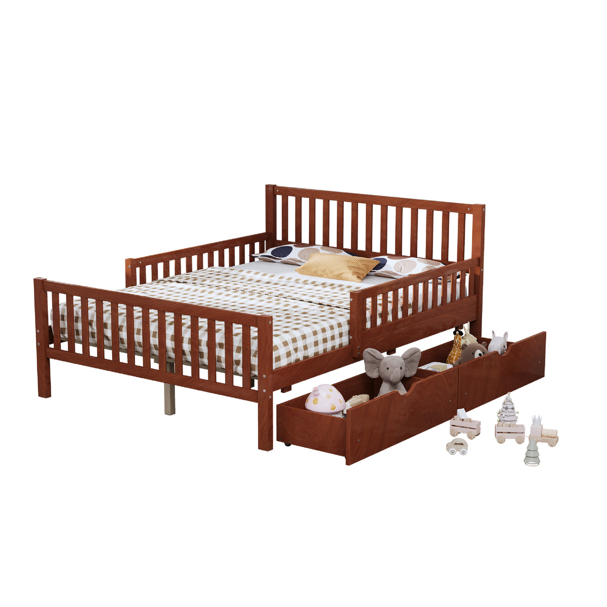 variant-group:rf-n733p172700d|Roomfitters Full Size Wood Platform Bed with Guardrails and 2 Storage Drawers, Walnut