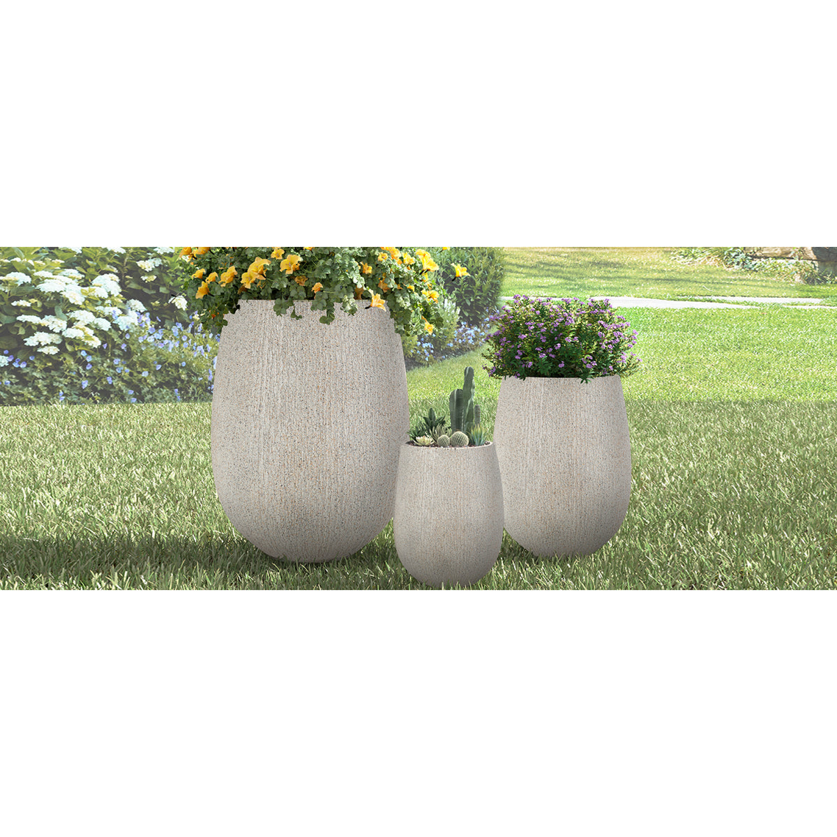 variant-group:rf-n711p406659e|Roomfitters Modern Egg-Shaped MGO Planter Set, 3-Piece Textured Faux Stone Flower Pots, Grey Patio Garden Urns